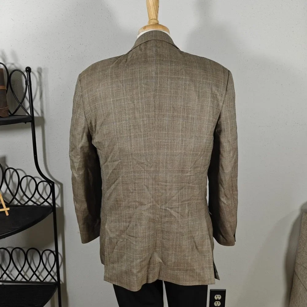 Apollo King Men's Sport Coat Blazer Single Button Brown Plaid 150s Wool Peak 42R